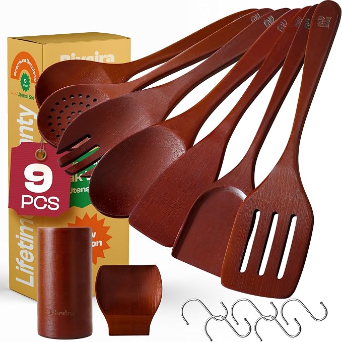 Riveira's 9-Piece Dark Brown Kitchen Essentials Wooden Cooking Utensils Set - Complete Kitchen Utensils Set for Gourmet Results