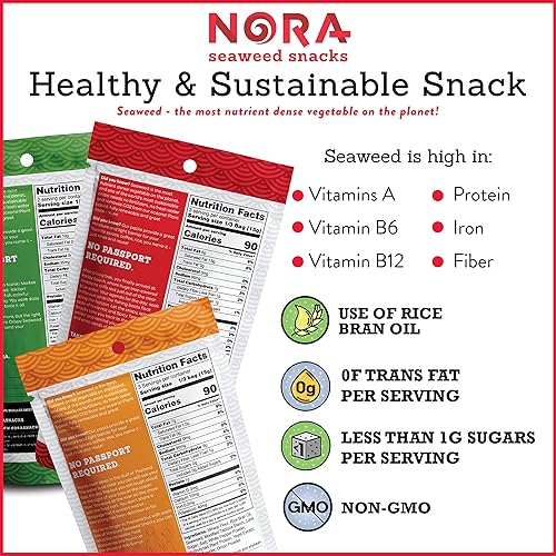 Miniatura 4 de NORA - Bocadillos crujientes de algas marinas  Snacks asiáticos  Paquete variado de catador  Bajo en azúcar, vegano, verificado sin OMG  Paquete de