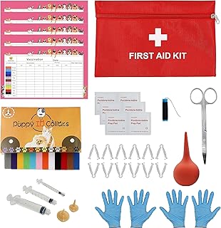SQUARECIRCLE Complete Dog Whelping Kit with Feeding Nipple, Record Keeping Charts, ID Collars, Aspirator, Cord Clamps & More - Essential for Newborn Puppies (Red no pad)