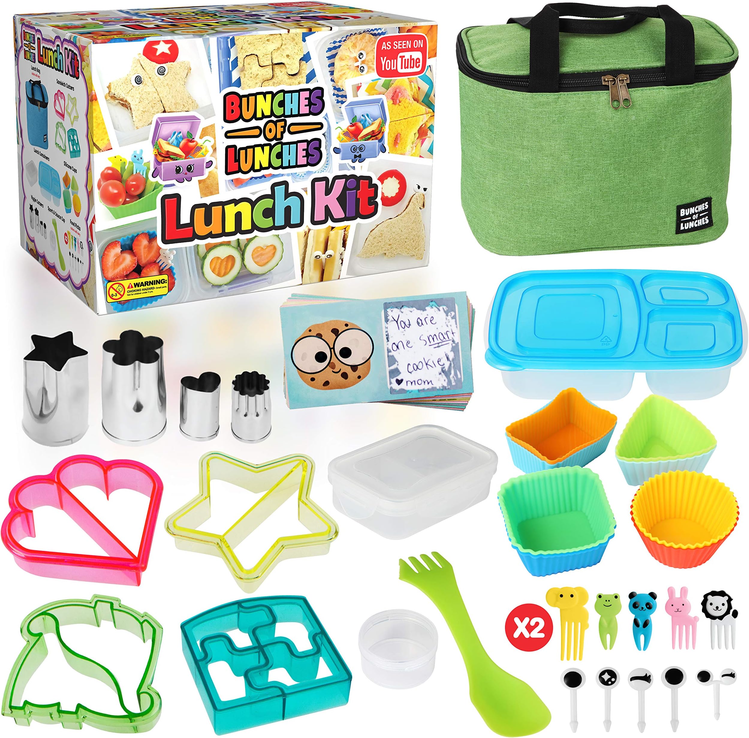 Bunches of Lunches Bento Box Lunch Kit for Kids – Insulated Kids Lunch Box with Fun Sandwich and Veggie Cutters Plus Food Picks, Silicone Cups and Cute Scratch-Off Note Cards (39 Piece Set)(Green)