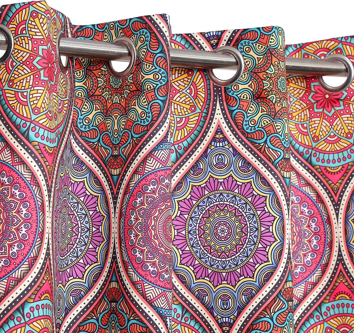Bohemian Curtains Drapes 52 X 63 Inches Multi Color Pink Purple Violet, Geometric Grommet Room Darkening Drapes Mandala Boho Design Window Treatment Door Living Room, Dining, Bedroom 2 Panels