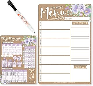 Hadley Designs Weekly Meal Planner and Dry Erase Board for Refrigerator-Floral Magnetic Weekly Menu Board for Kitchen Conversion Chart, Magnetic Meal Planner for Refrigerator