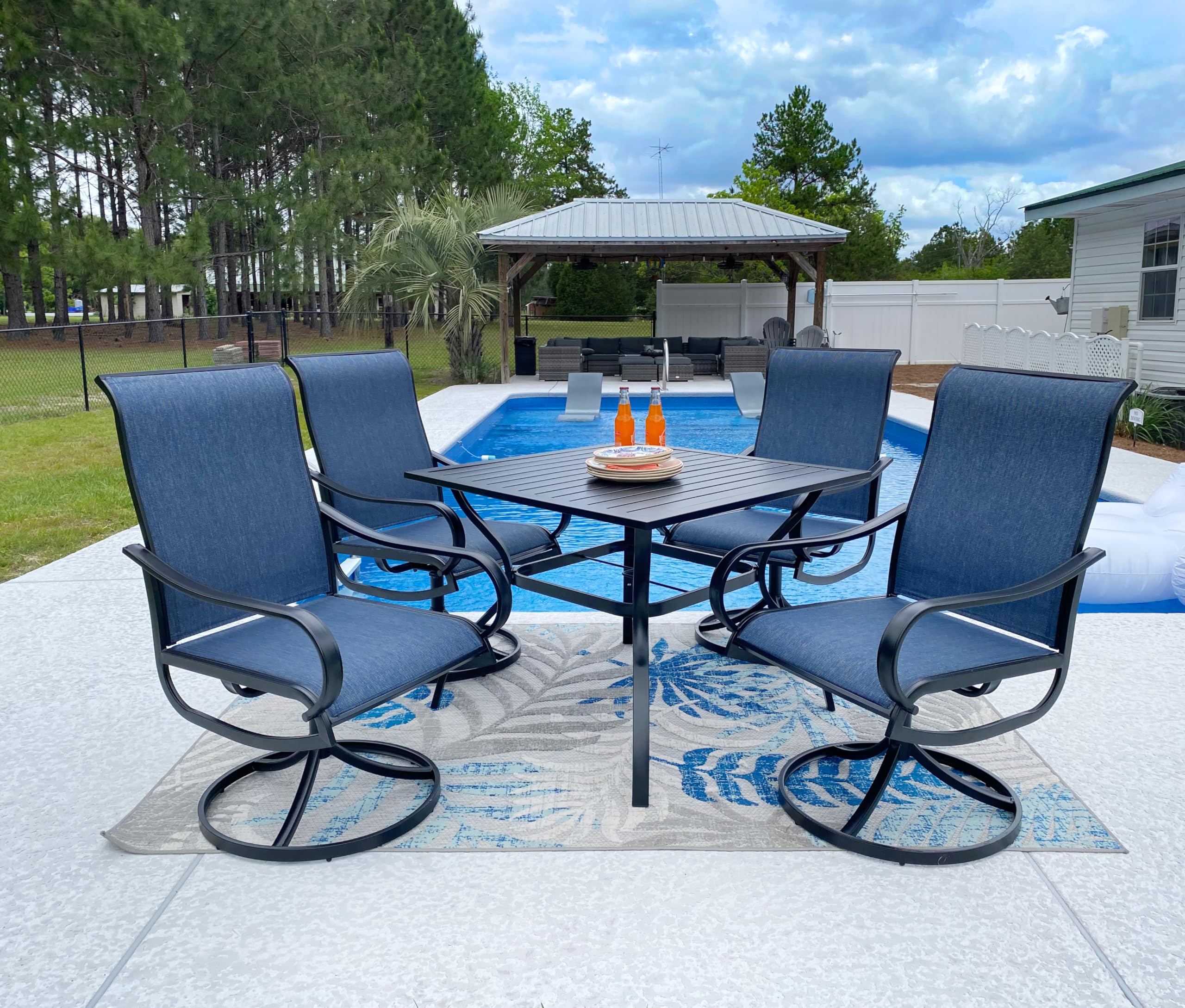 Sophia &amp; William Patio Dining Set for 4, Square Table &amp; Blue Swivel Chairs