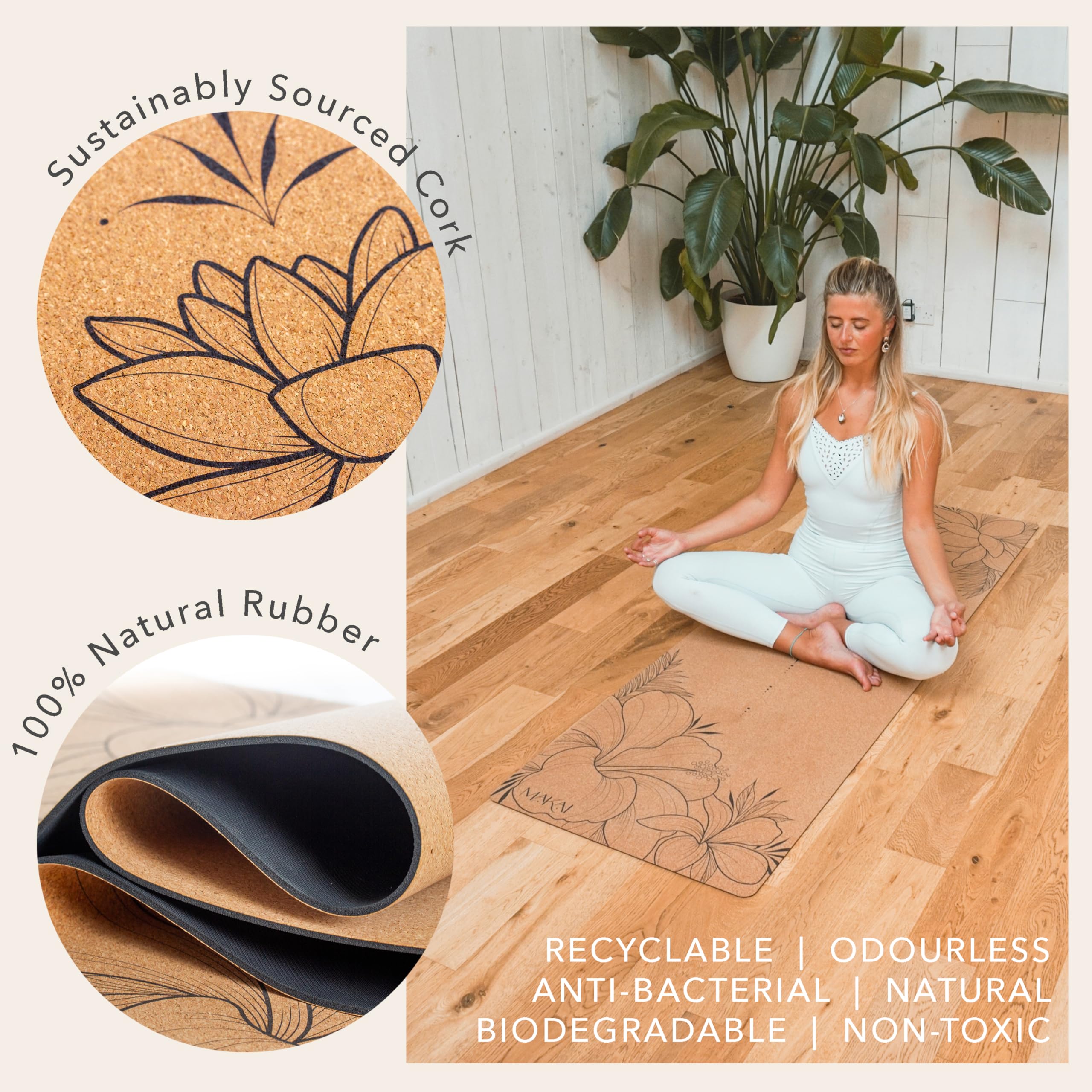 MAKAI Tappetino da yoga in sughero, ecologico, 100% sughero naturale e gomma, tappetino antiscivolo di alta qualità da 4 mm, include tracolla per il trasporto in canapa, tappetino per esercizi e
