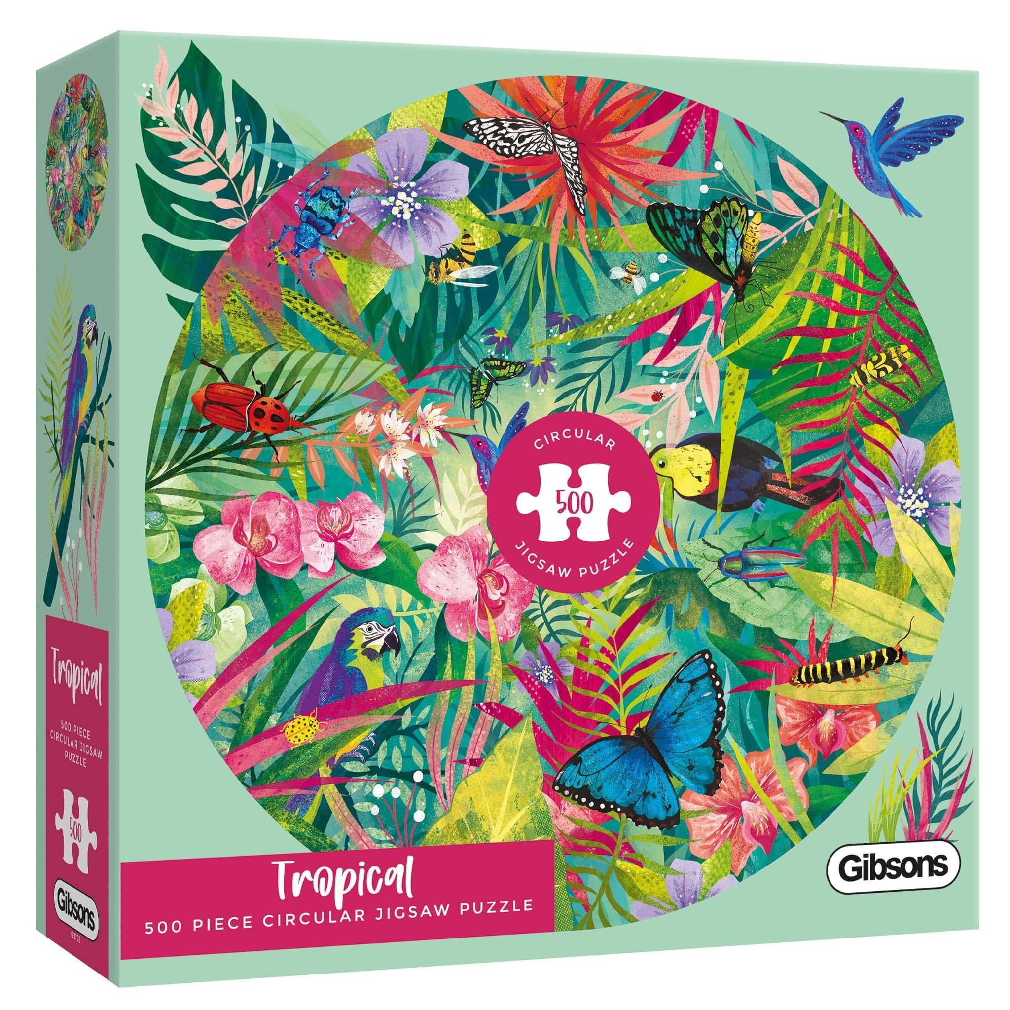 Tropical 500 Piece Circular Jigsaw Puzzle – Colorful Tropical, Birds, Floral Artwork - Su…