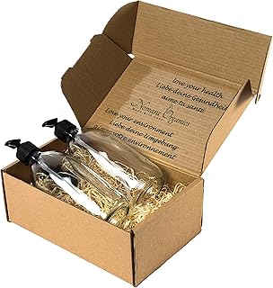 Nomara Organics® Lot de 2 flacons en verre transparent de 500 ml. Sur paille dans une boîte, pompes verrouillables sans BPA. Réutilisable, cadeau/savon/visage/lavage à la main/salle de bain.