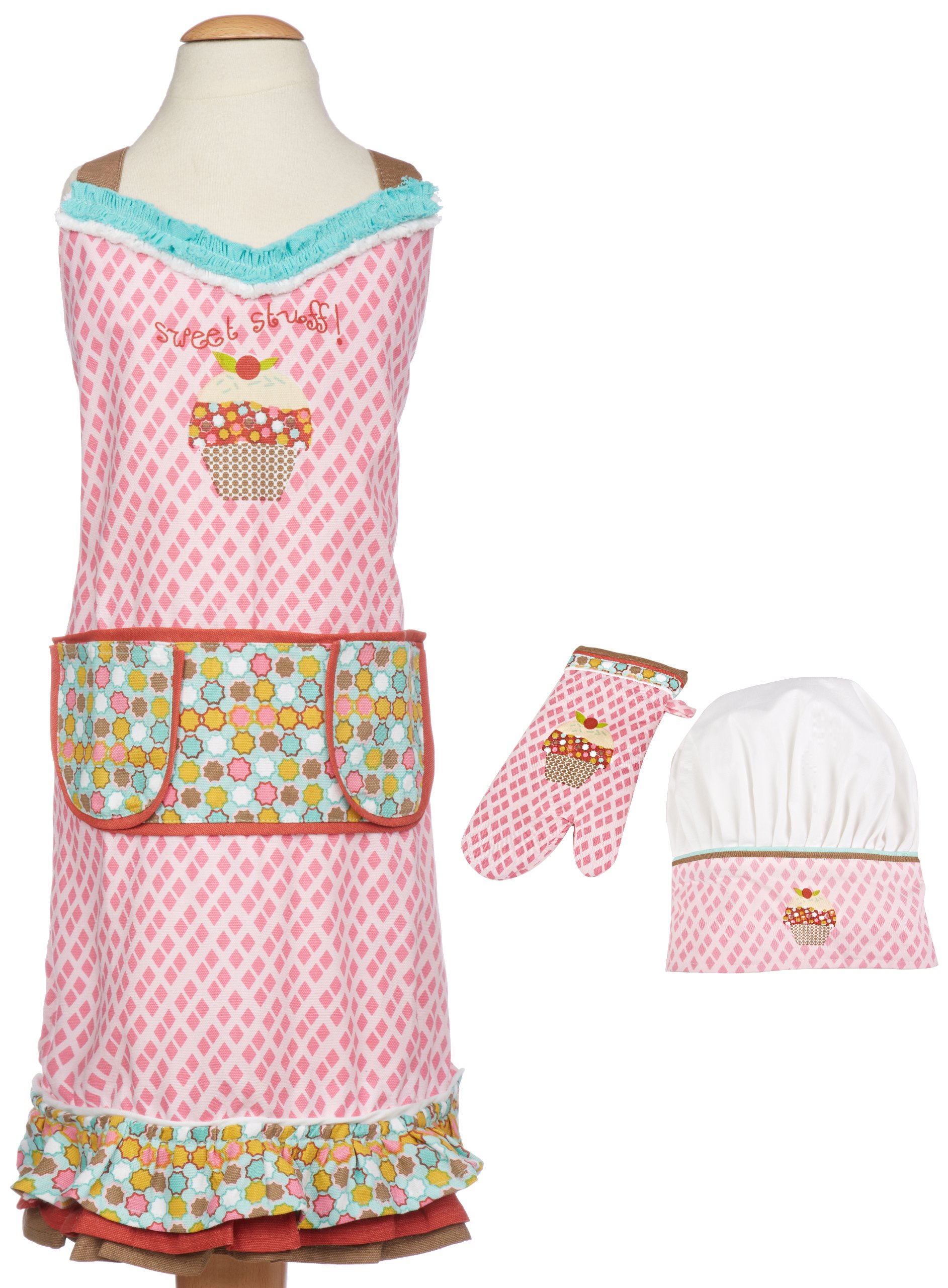 MU kitchen | Oven Mitt, Chef's Hat and 24" Kids Cooking Apron for the Kitchen, Chef Costumes and Crafts | 100% Cotton | Extra Long Ties at Neck & Waist | Machine Washable | Sweet Stuff