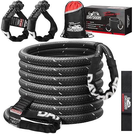 Daydoor kinetic recovery rope kit with 2 soft shackles, 1" x 30ft tow rope 38,500lbs break strength, 30% elasticity tow strap, reflective for atv, utv, truck, 4x4 offroad vehicle