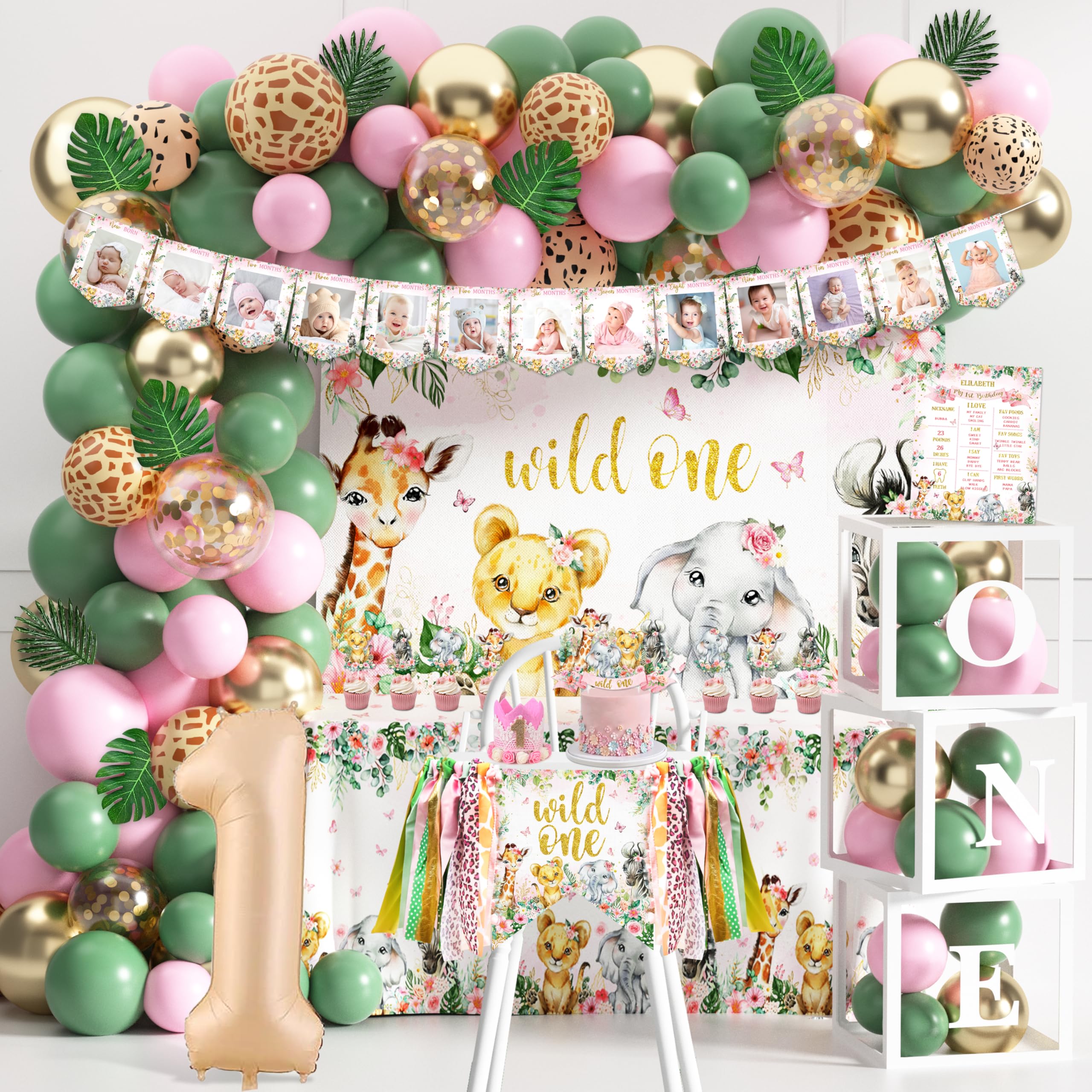 Photo 1 of 114Pcs Girls Jungle Safari Theme First Birthday Decorations