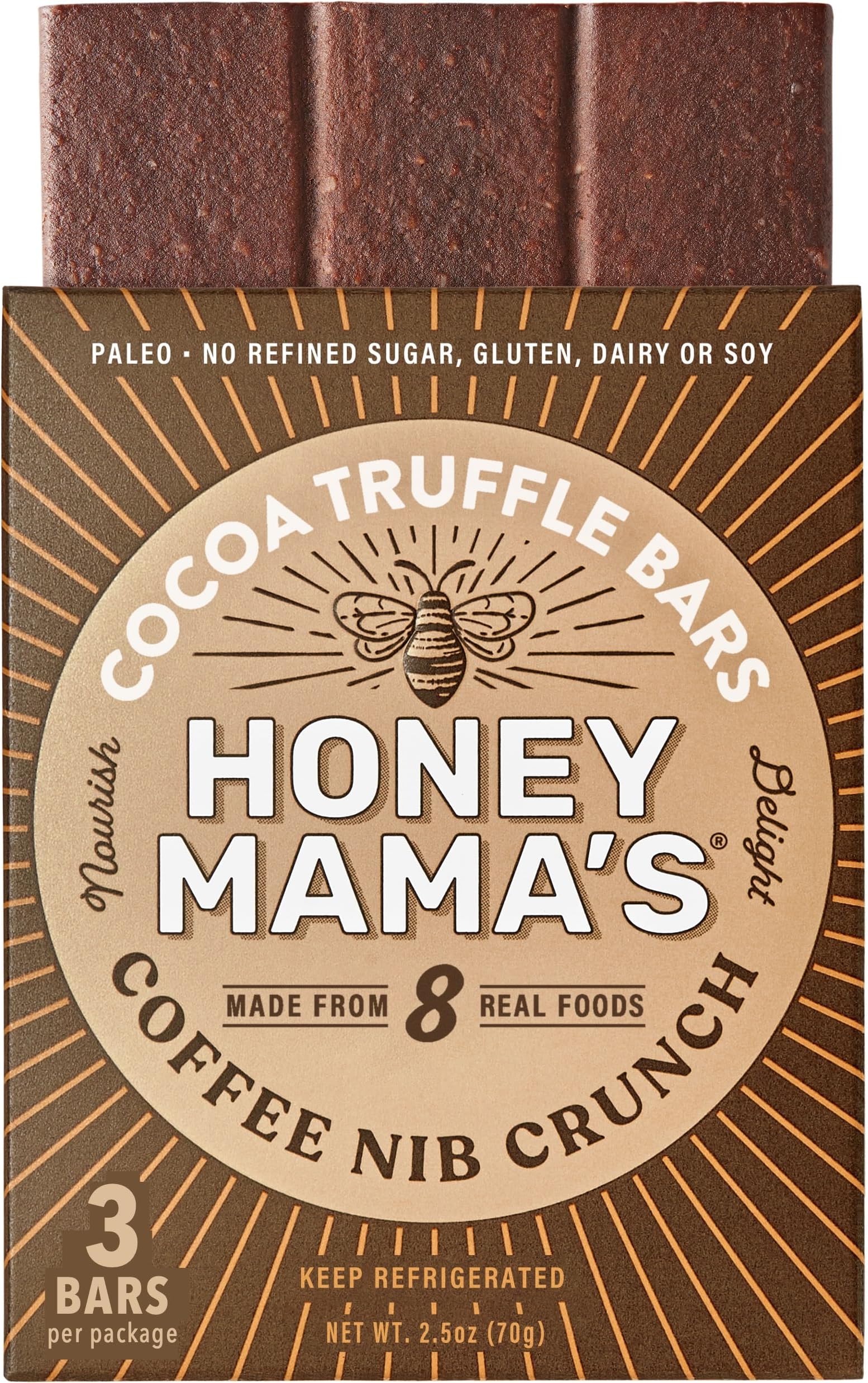 Honey Mama's, Coffee Nib Crunch Cocoa Truffle Bars, No Refined Sugar, Gluten Free, Dairy Free, Soy Free, Paleo, 2.5 Ounce, 3-Serving Bar