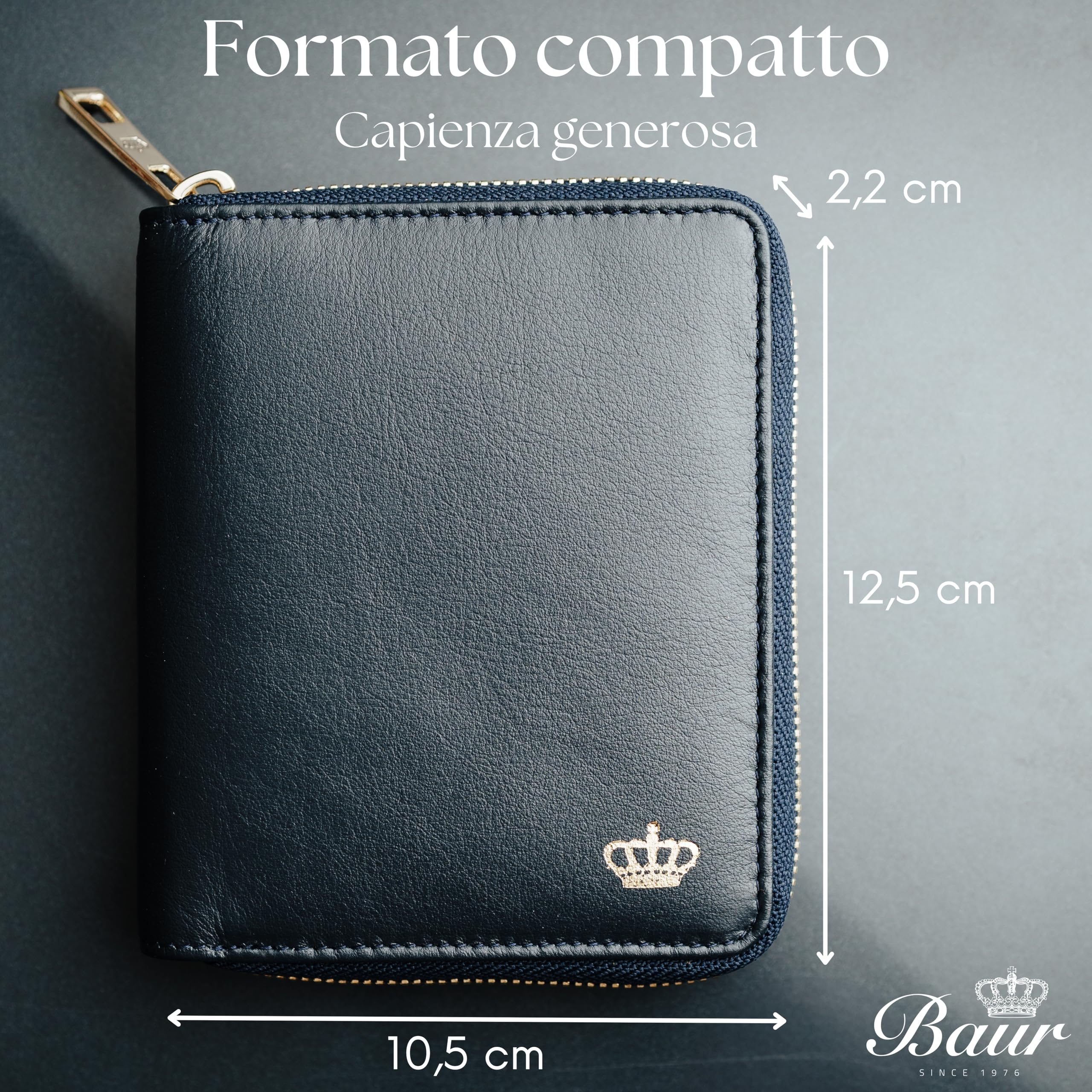 Baur portafoglio da donna – vera pelle nappa con protezione RFID – portamonete con molti scomparti carte e scomparto monete con bottone – cerniera metallica perimetrale (Cerniera oro, Blu scuro)