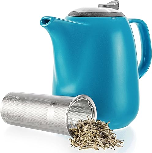 Miniatura 1 de Tealyra - Tetera grande de cerámica Daze Turquesa - 47 onzas 6-7 tazas - Con tapa de acero inoxidable infusor extrafino para té de hojas sueltas -