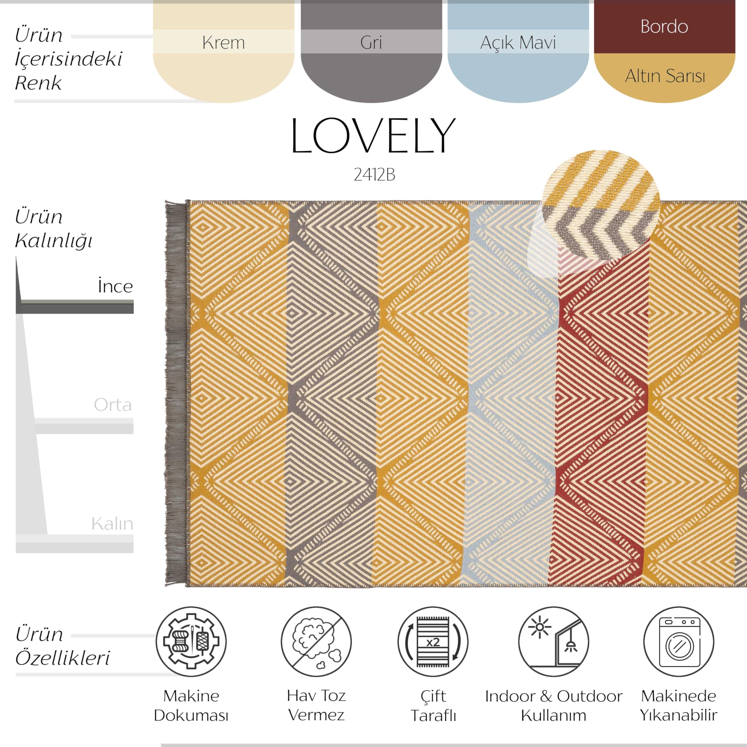 Cool Halı Lovely 2412 B Renkli Kilim Makinede Yıkanabilir Çift Taraflı Akrilik İnce Banyo Balkon Mutfak Kilimi