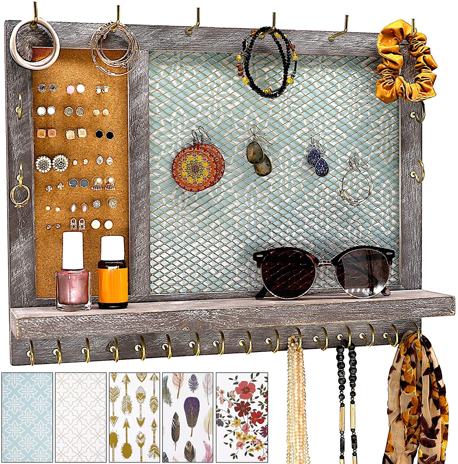 Wall Mounted Jewelry Organizer with Shelf, Jewelry Hanging Organizer, 20 Large Hooks for Necklaces, 6 Bracelet Holders, Stud Earring Board & Changeable Backgrounds, Rustic Jewelry Rack