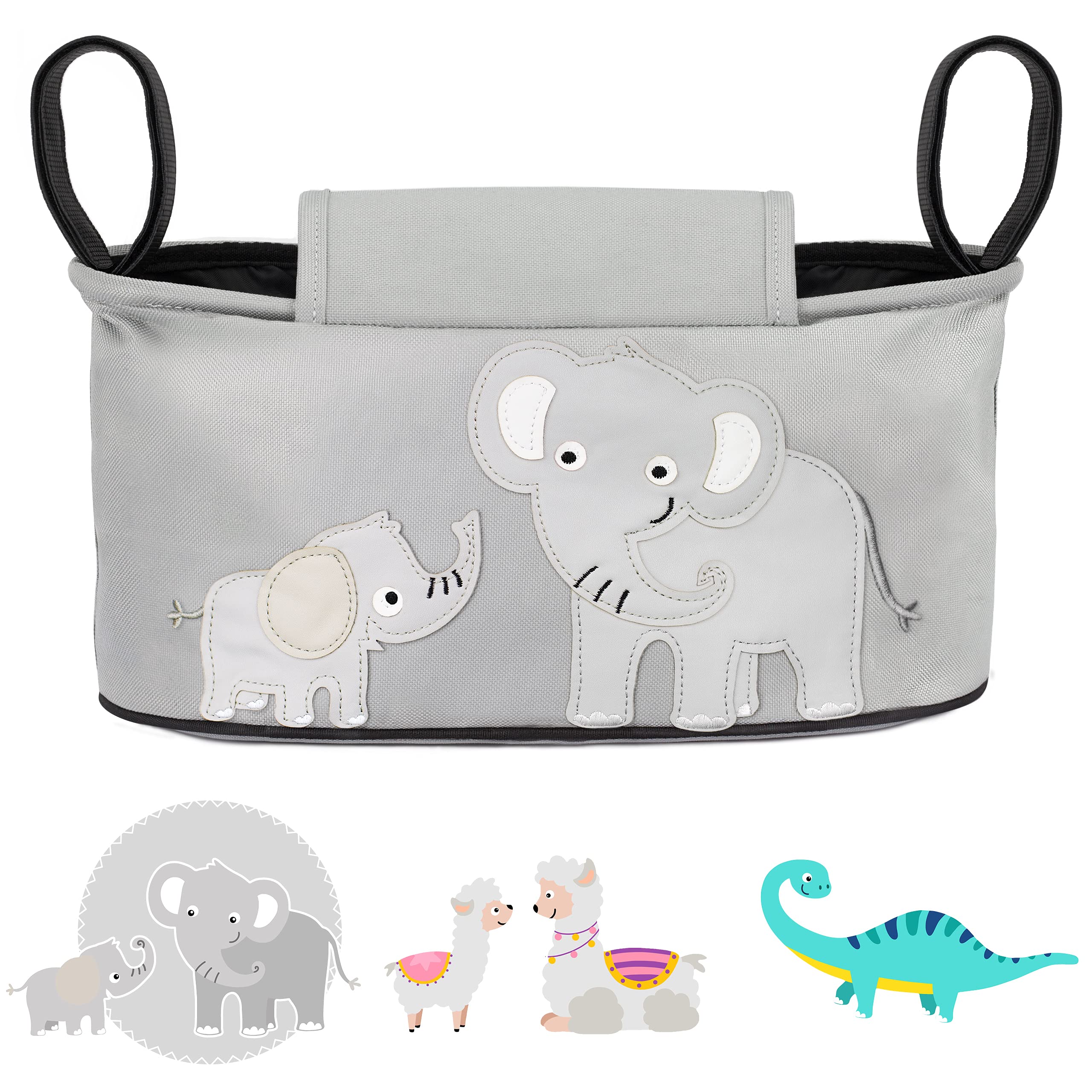 GLÜCKSWOLKE Bolsa Carro Bebe - 12 Motivos I Organizador para Coches de Paseo I Accesorios para Cochecito para Mama I Bolso Carrito I Bolsos Sillas de Paseo I Motivo Elefante (Gris)
