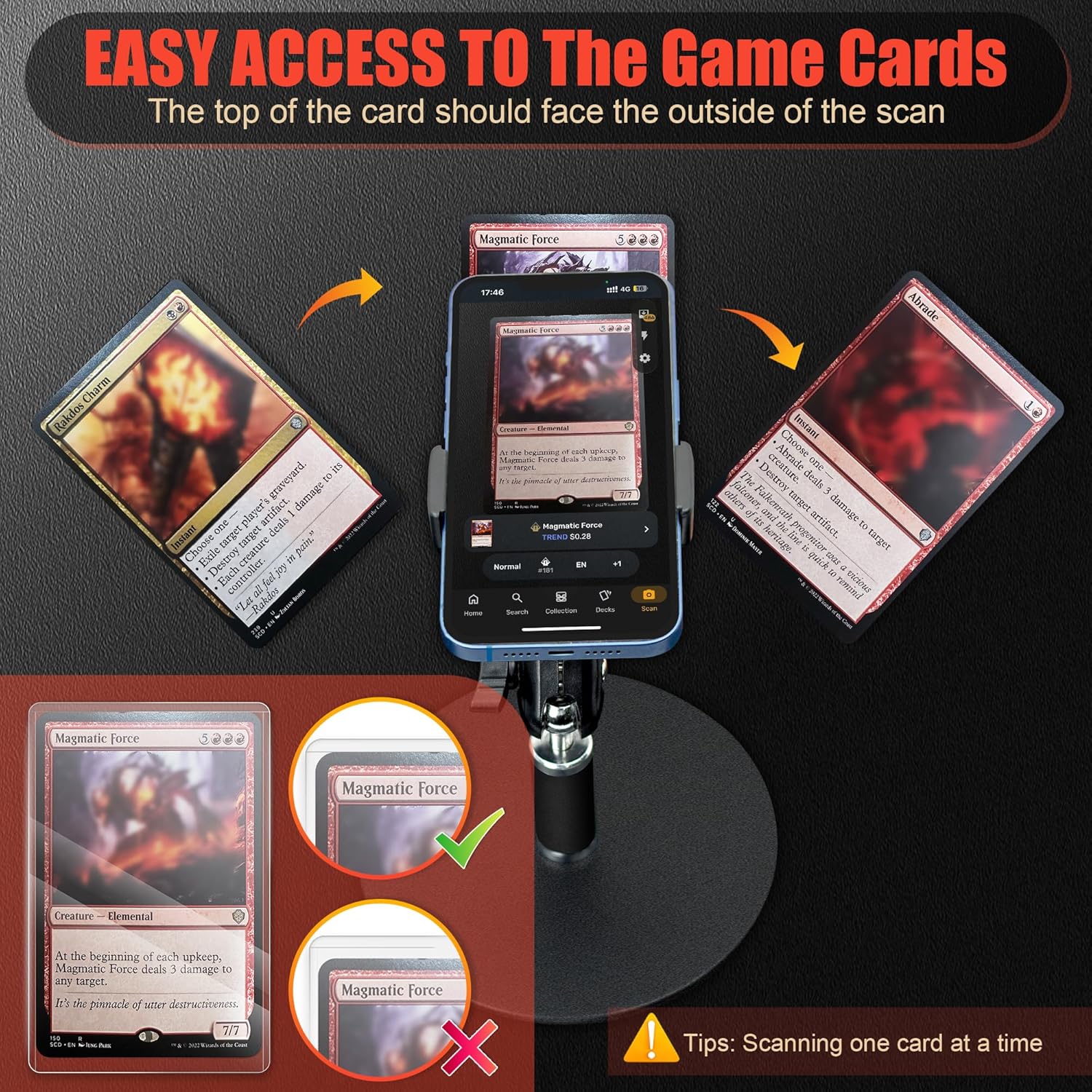 MTG Card Scanner Holder, Card Slinger with Phone Holder and Scanning Pad, Trading Card Scanner Compatible with MTG Card Sleeves for Quick Scanning and Price Verification(5.9″)