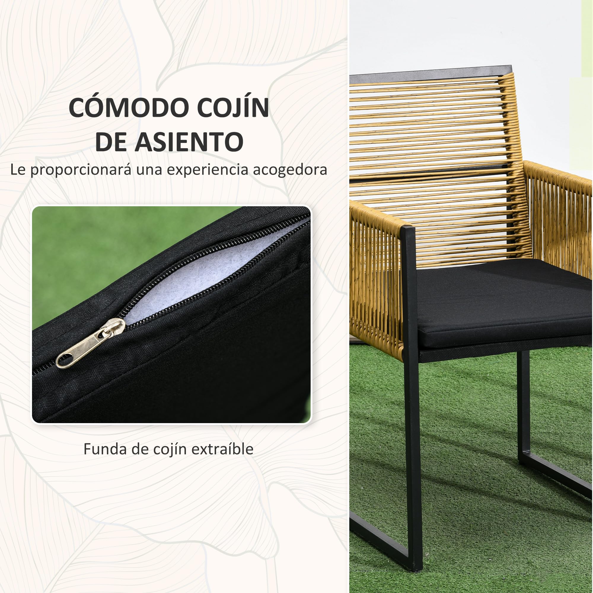Outsunny Conjunto de Muebles de Jardín 3 Piezas Diseño Anidado Juego de Sillas y Mesa de Ratán con Respaldo Plegable Cojines y Mesa con Tablero de Vidrio Templado para Patio Terraza Natural y Negro