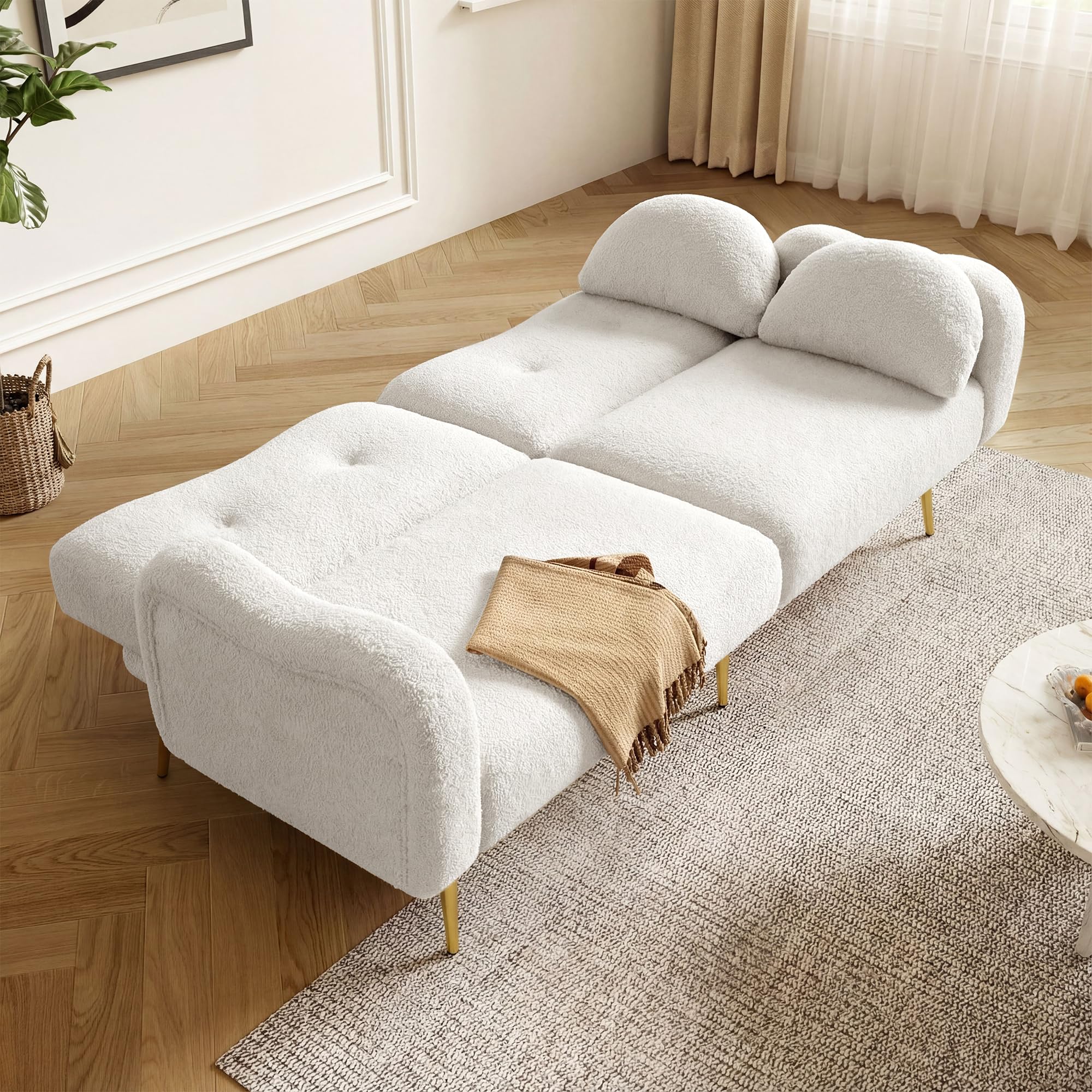 Divano letto a 2 posti, moderno divano a due posti con schienale regolabile, piedini in metallo dorato, funzione letto integrata, mobile multifunzione 2 in 1, bianco