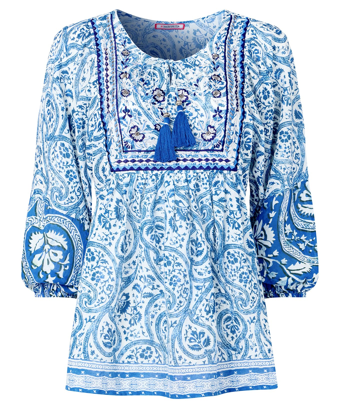 Joe Browns Women's Fashion Embroidered Bib Balloon Sleeve Boho Top, Regular Fit, Blue, UK 14