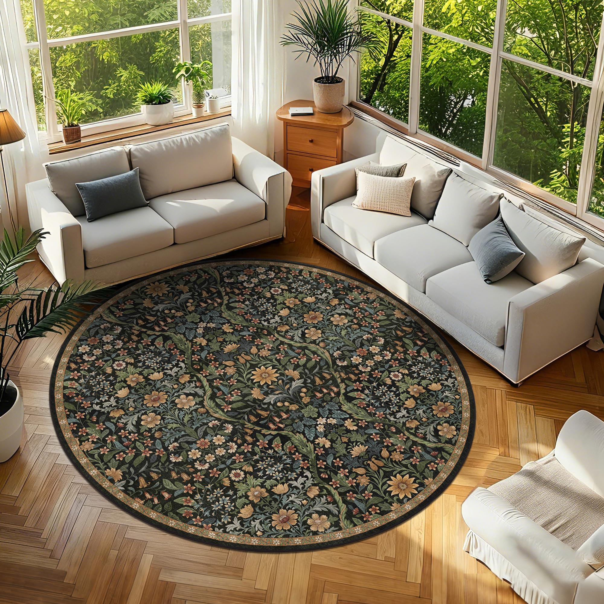 Round Rug 7ft Floral Circle Rug Brown Botanical Indoor Area Rugs