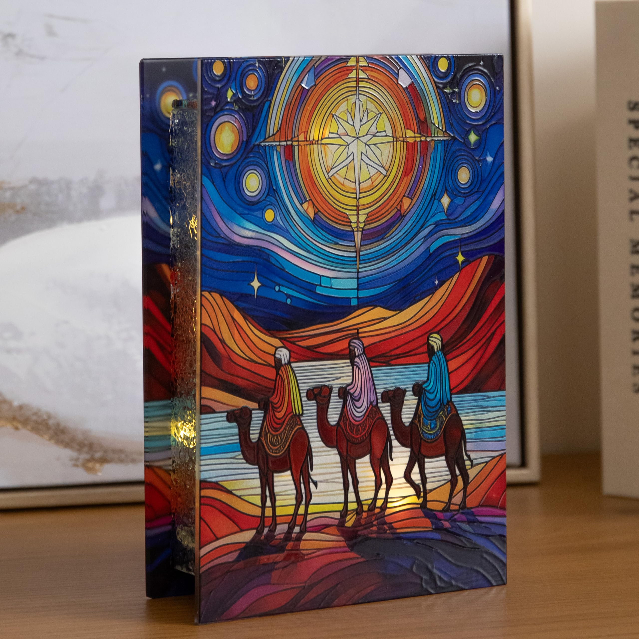Three Wise Men Christmas Decoration, Double Sided Stained Glass with LEDs