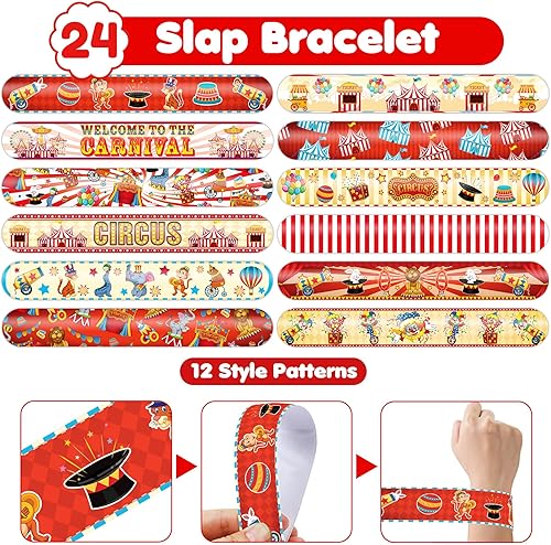 72PCS Carnival Party Set - 48PCS Temporary Tattoos & 24PCS Slap Bracelets - Fun Circus-Themed Birthday Supplies, Baby Shower Gifts, Classroom Rewards & Party Decor for Kids (Boys & Girls)