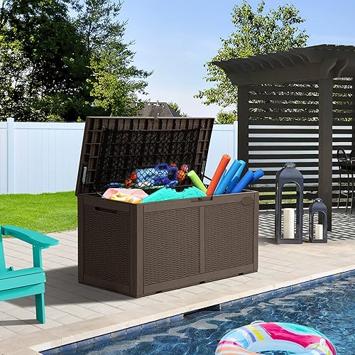 Miniatura 9 de YITAHOME 100 Gallon Large Deck Box wStorage Net, Resin Outdoor Storage Boxes, Waterproof Patio Cushion Storage Bench for Patio Furniture, Pool