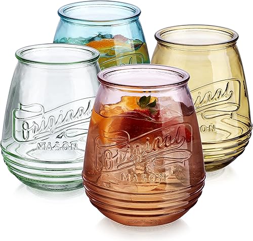 Juego de 4 vasos de vino sin tallo de colores surtidos de 21 onzas Taza de vino grande de Mason original vasos de agua potable de vino tinto y