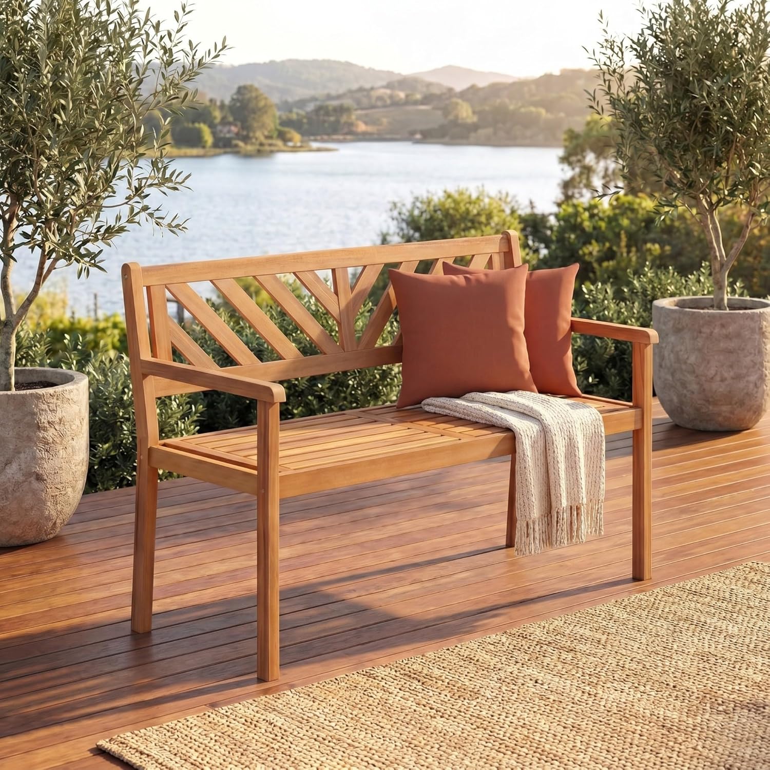 Giantex 2-Person Outdoor Bench, 47" Patio Acacia Wood Loveseat with Slatted Seat, Armrests & V-Shaped Backrest, Wooden Garden Seating for Backyard, Porch, Deck, Poolside