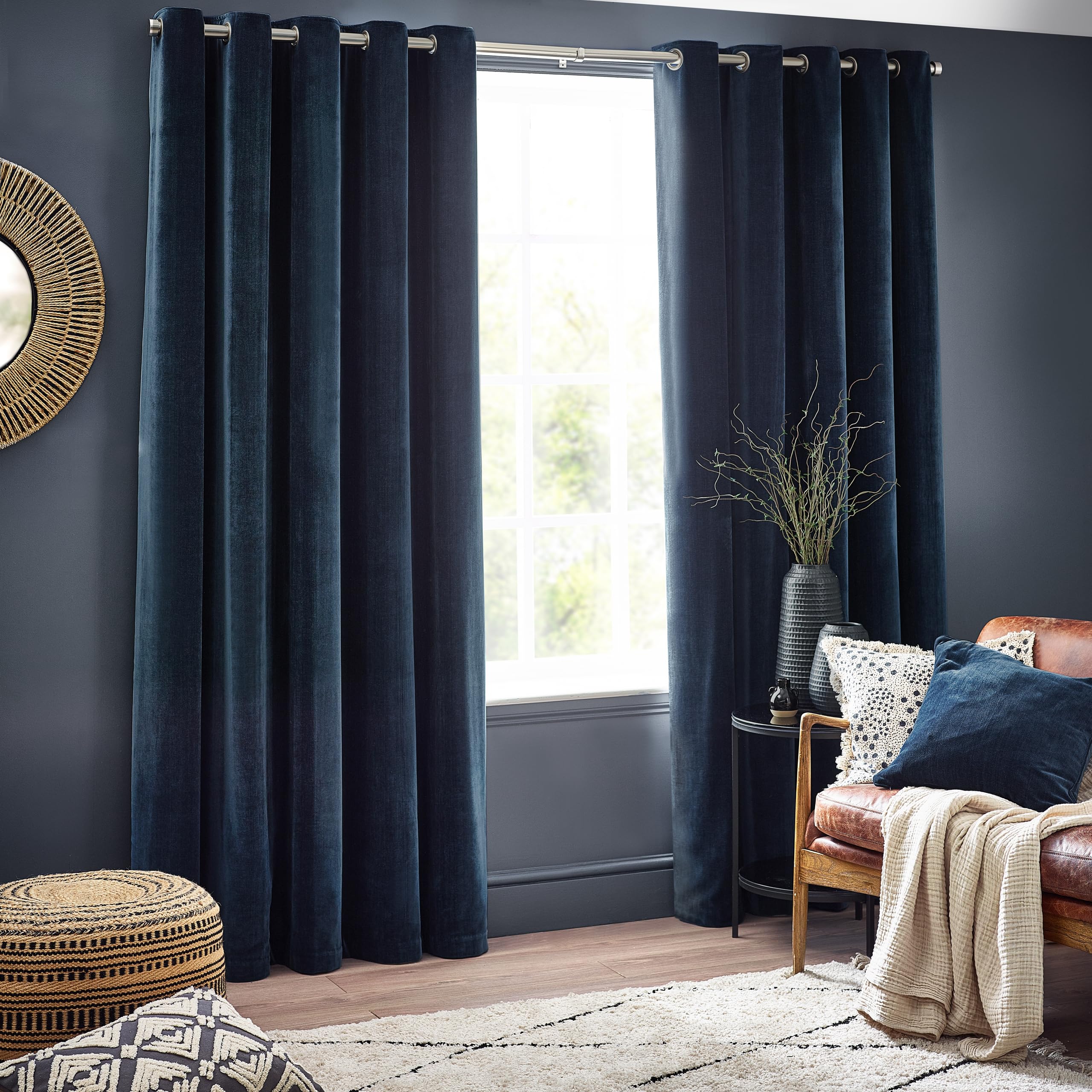 Yard Heavy Chenille Eyelet Curtain Pair - Lined Room Darkening, Soft Velvet Home Décor (Navy - Width 229 x Drop 137cm)