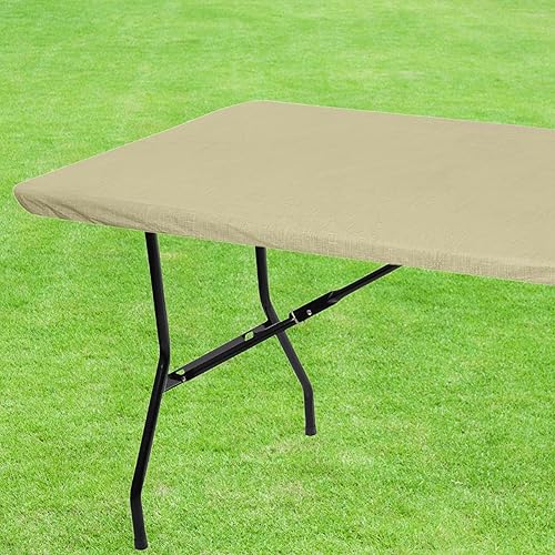 Tablecloth for Folding Table -Fitted Rectangular Table Cloth Plastic Vinyl Backed with Elastic Rim- for Christmas|Parties, Picnic (Light Brown, 6 ft, 32x72 inch)