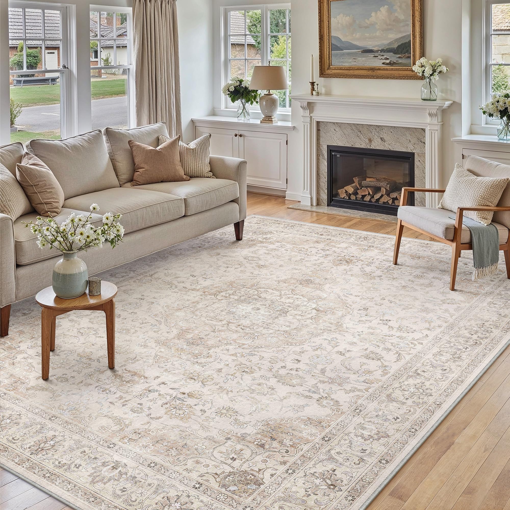 PureCozy Teppich Wohnzimmer 200x300cm Waschbarer Vintage Beige Tepich for Schlafzimmer kurzflor rutschfest Weich Böhmischen Groß Retro Carpet für Küchen Esszimmer Bedroom Büro Living Room