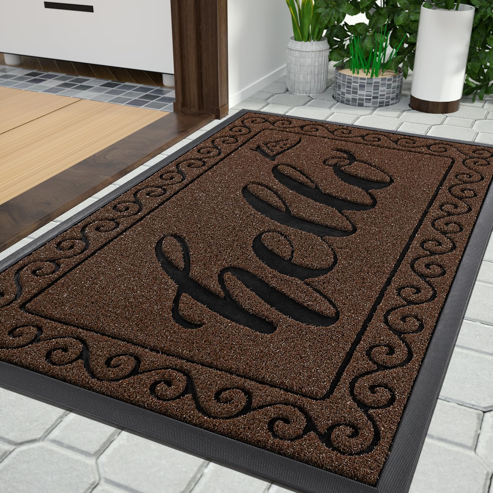 Yimobra Hello Front Door Mat, Heavy Duty Easy Clean Doormat Indoor Outdoor, Waterproof Quick Dry Floor Mat for Home Garage