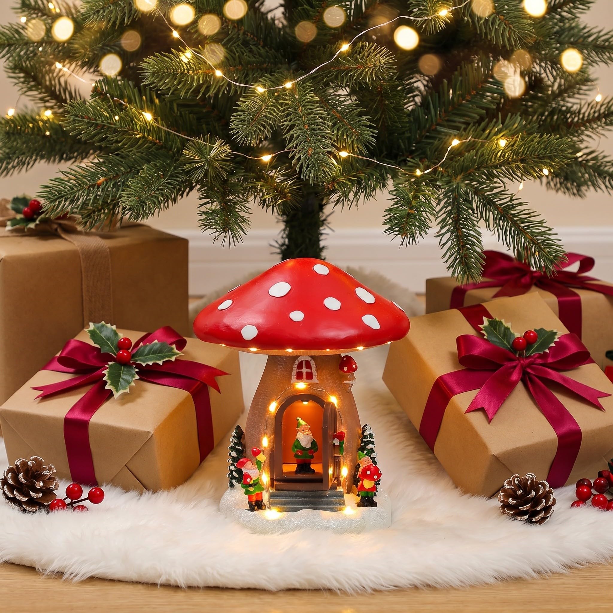 OUNONA Beleuchtete Weihnachtspilzhaus-Spieluhr, Wichtelfigur als Geschenk