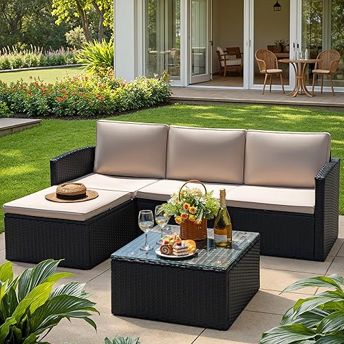 Miniatura 6 de Devoko Juego de 4 piezas para conversación de patio, muebles de exterior de ratán de polietileno, sofá seccional ajustable para todo tipo de clima