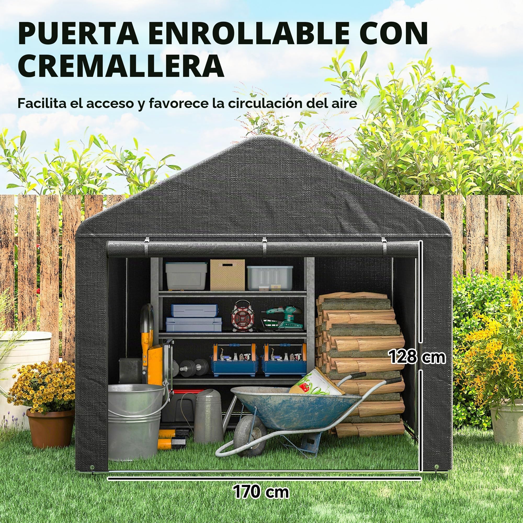 Outsunny 6.6x7.8ft Cobertizo jardín Impermeable Gris Oscuro | Tienda bici, puerta enrollable cremallera, marco metal galvanizado, cobertizo portátil para moto, herramientas