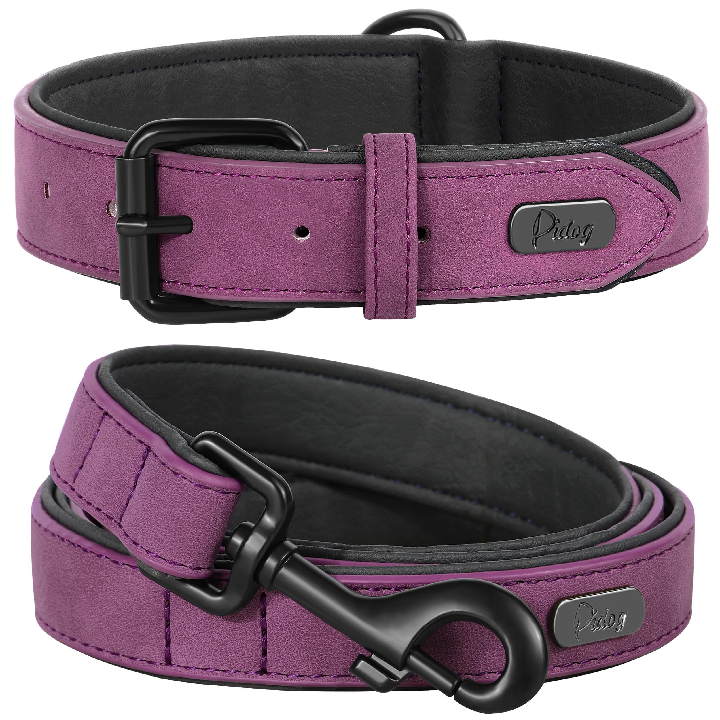 Didog Soft Padded Leather Dog Collar and Leash Set, Heavy Duty Dog Leash and Collar Set with Metal Buckle, Breathable Dog Collars with 4FT Leather Dog