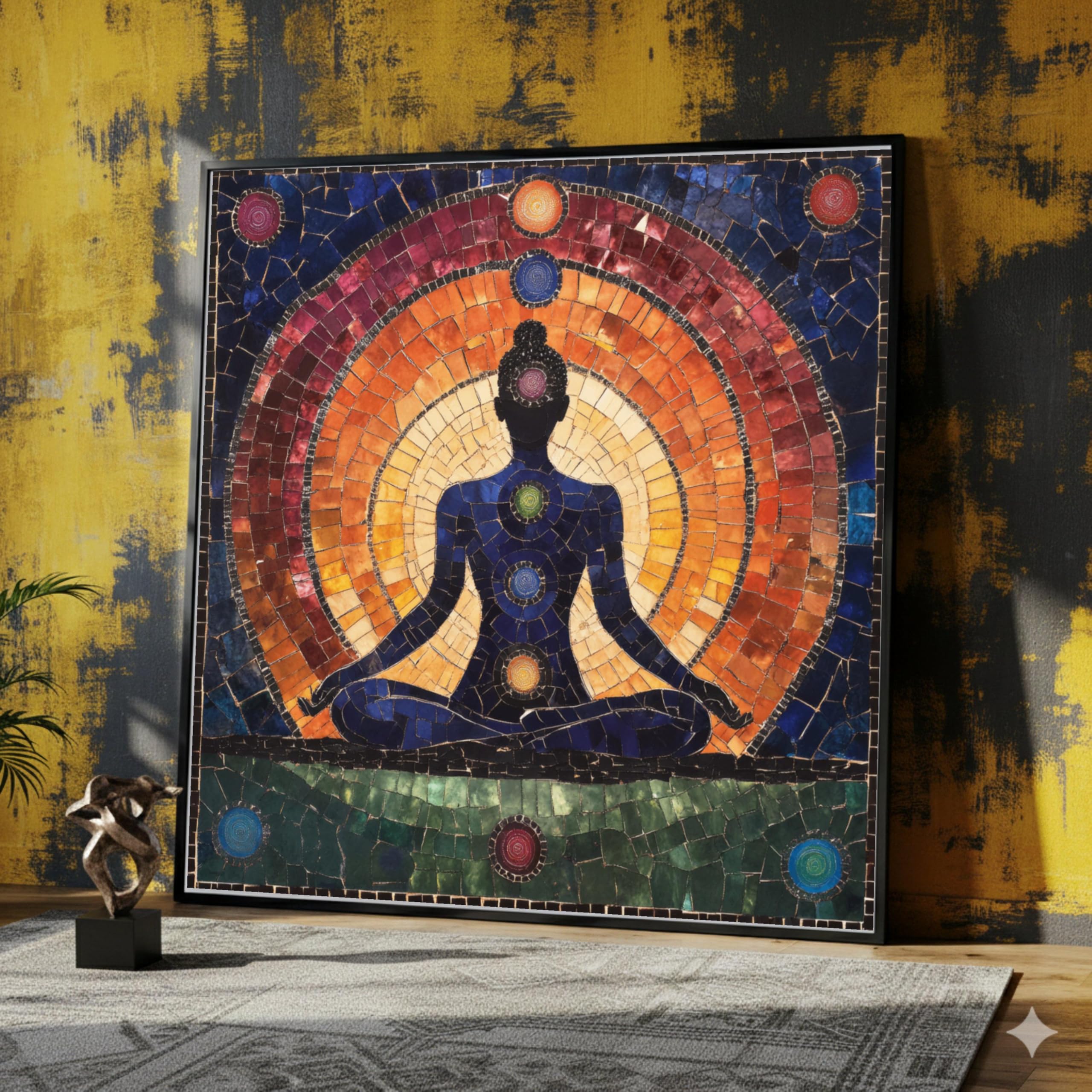 Quadro su tela con mosaico dei chakra per la meditazione, silhouette spirituale yoga, chakra colorati, decorazione per la casa all'insegna della consapevolezza, dipinto (45x45 cm/cornice interna)