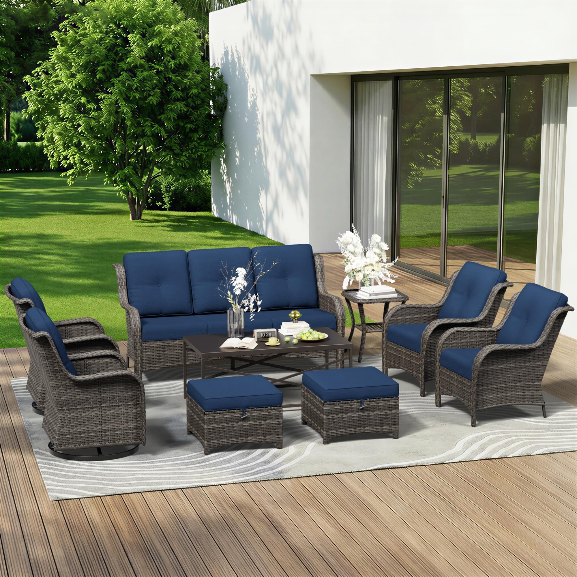 9 Piece Outdoor Wicker Patio Furniture Set, Patio Chairs Set with Thickened Olefin Cushions, High Back and Deep Seating, Hand-Woven PE Rattan, Ottoman for Porch, Deck