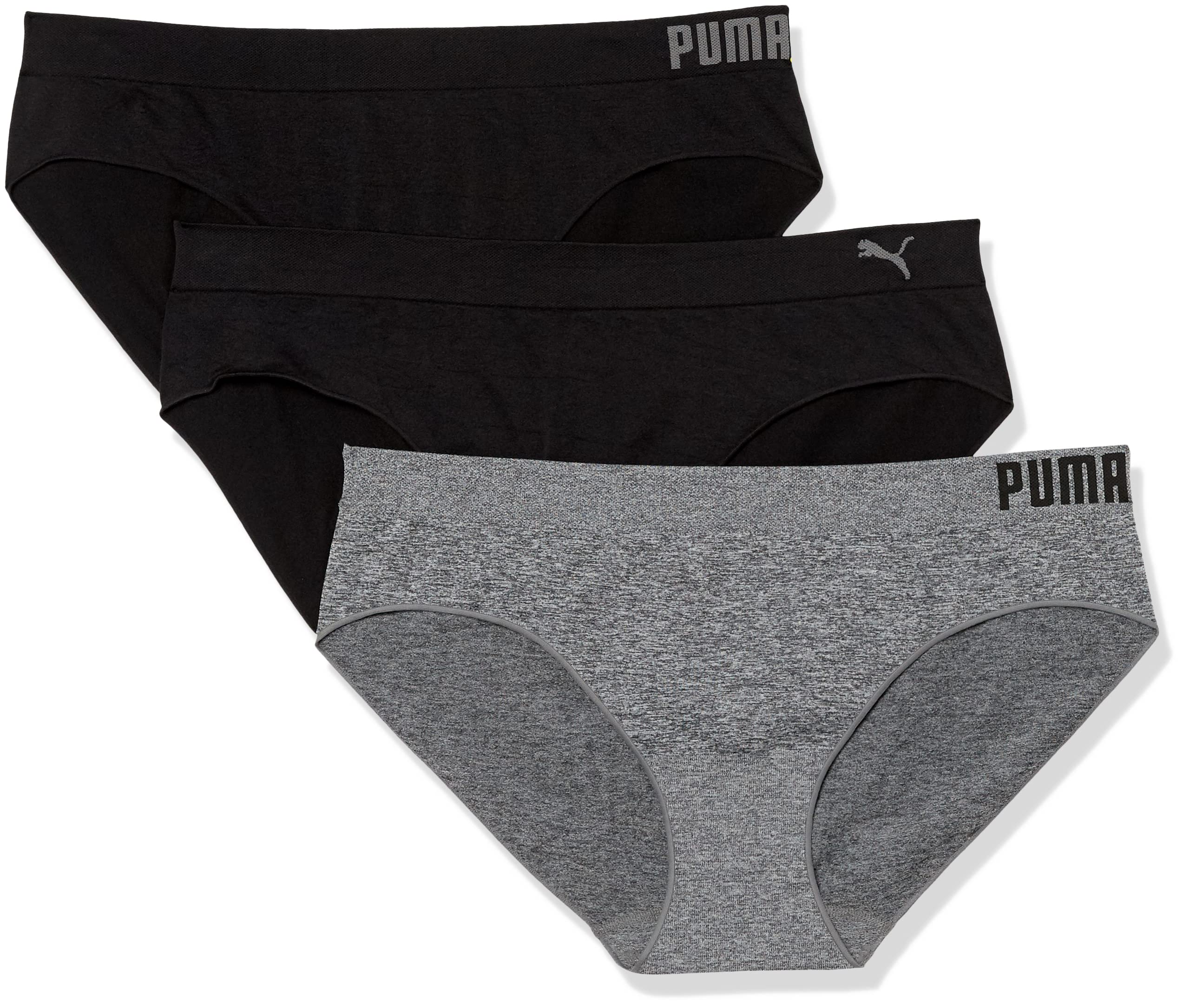 PUMA womens Plus Size 3 Pack Seamless Bikini Style Underwear, Puma Black/Heather Grey, 2X US