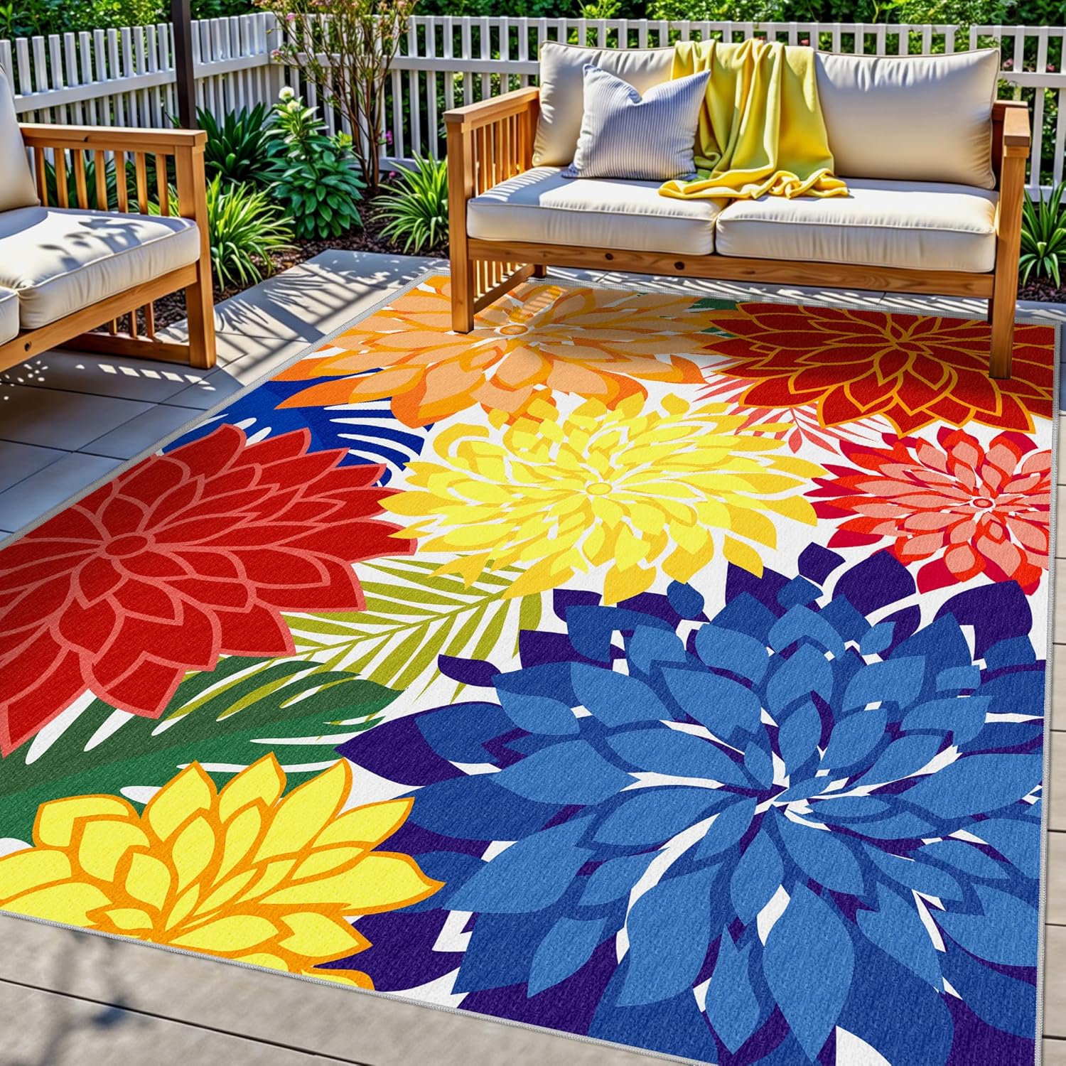 indoor outdoor area rug washable rugs multicolored patio rug tropical botanical modern floral indoor outdoor carpet non-slip for rv, pool deck, backyard, porch (9x12) multi colored 9' x 12' (rectangular)