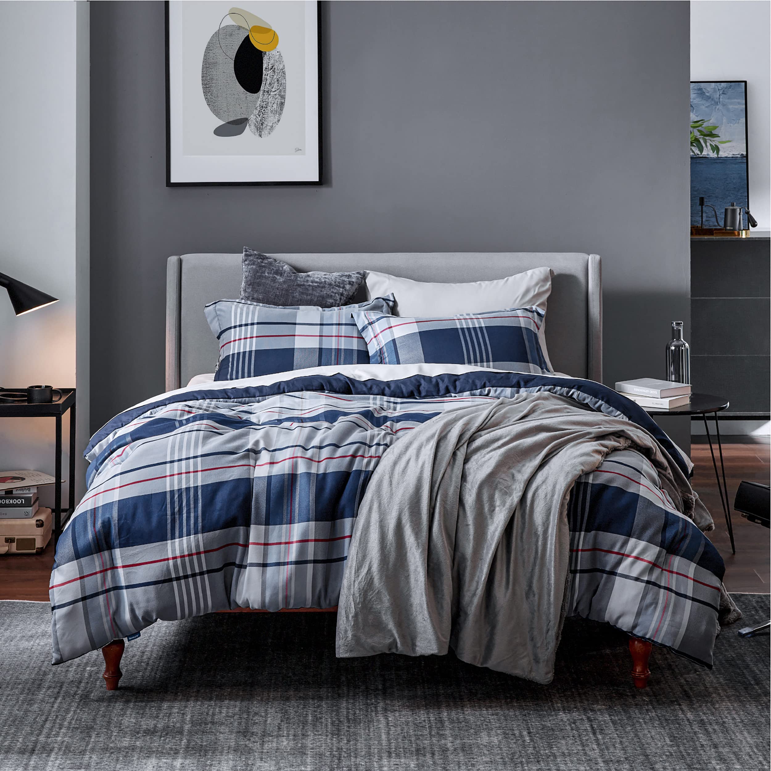 Bedsure Blue Plaid Comforter Set King 