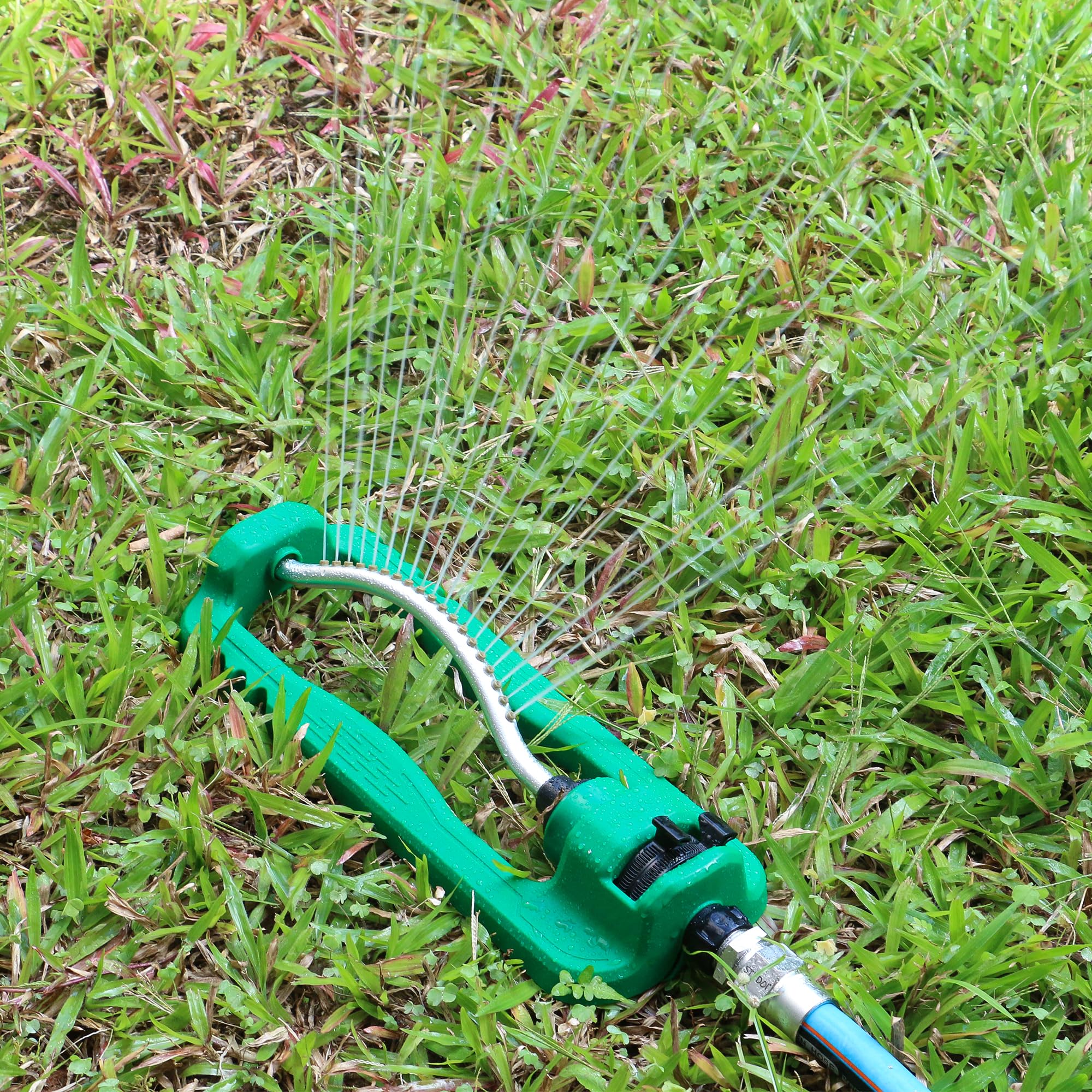 STYDDI Irrigatore oscillante turbo, irrigatore rettangolare regolabile per giardino con base pesante, 19 ugelli di precisione irrigatore da giardino per aree piccole e medie, copre fino a 3.800 piedi