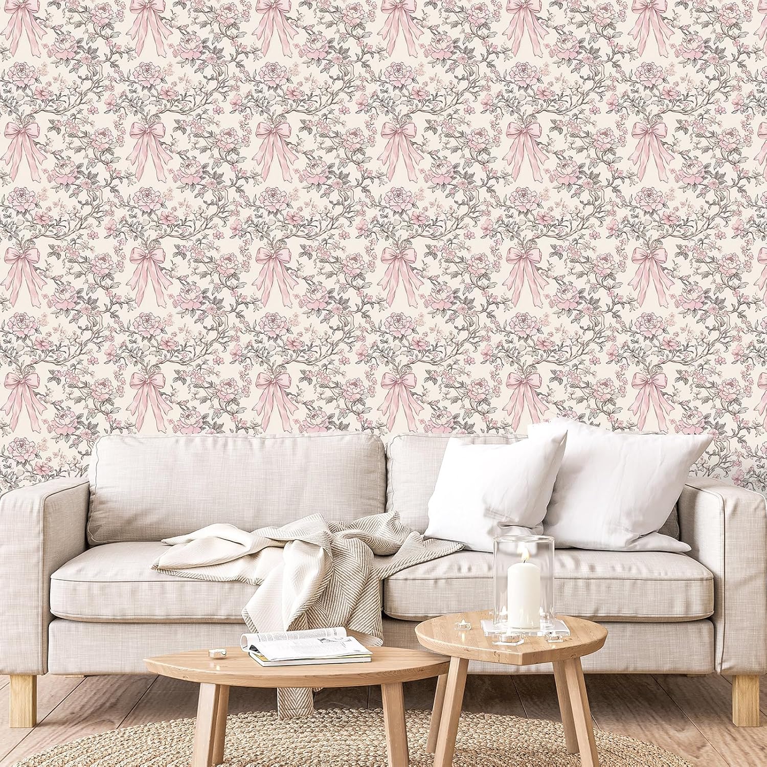 FYSUIMU Spring Peel and Stick Wallpaper Roll Contact Paper Vintage Pink Bow Flower Self-Adhesive Wall Decoration for Home Bedroom Bathroom, 17 in x 10 Ft