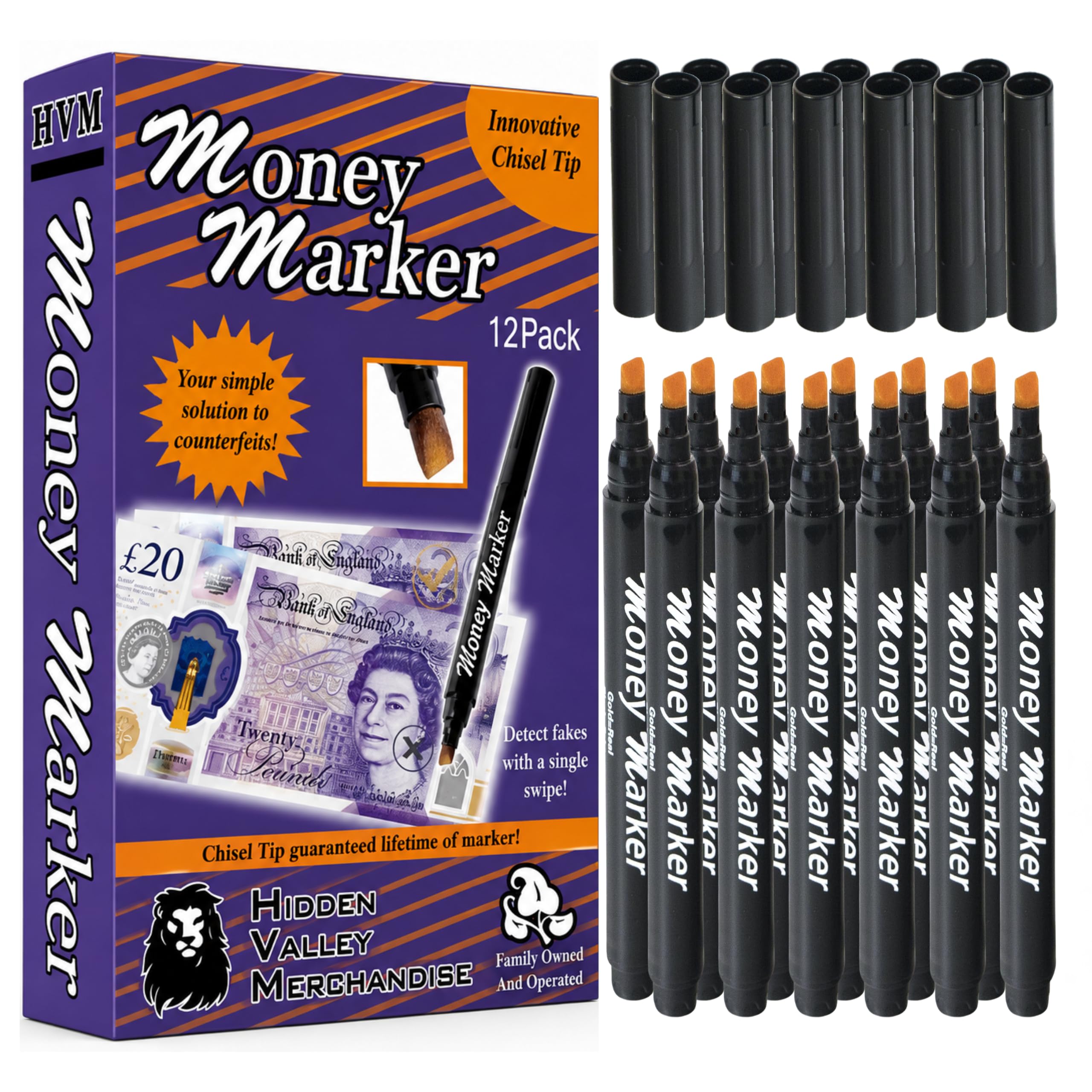 HVM Counterfeit Money Detector Pen (12 Counterfeit Pens) - Money Marker Bill Detector Pen with Upgraded Chisel Tip - Detect Fake Bills, Universal False Currency Checker Pack