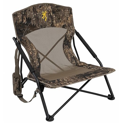 Browning Strutter Camo Turkey Hunting Chair with Foldable Low Profile Compact Design, Durable Steel Frame, and Padded Shoulder Carry Strap and Carry Bag