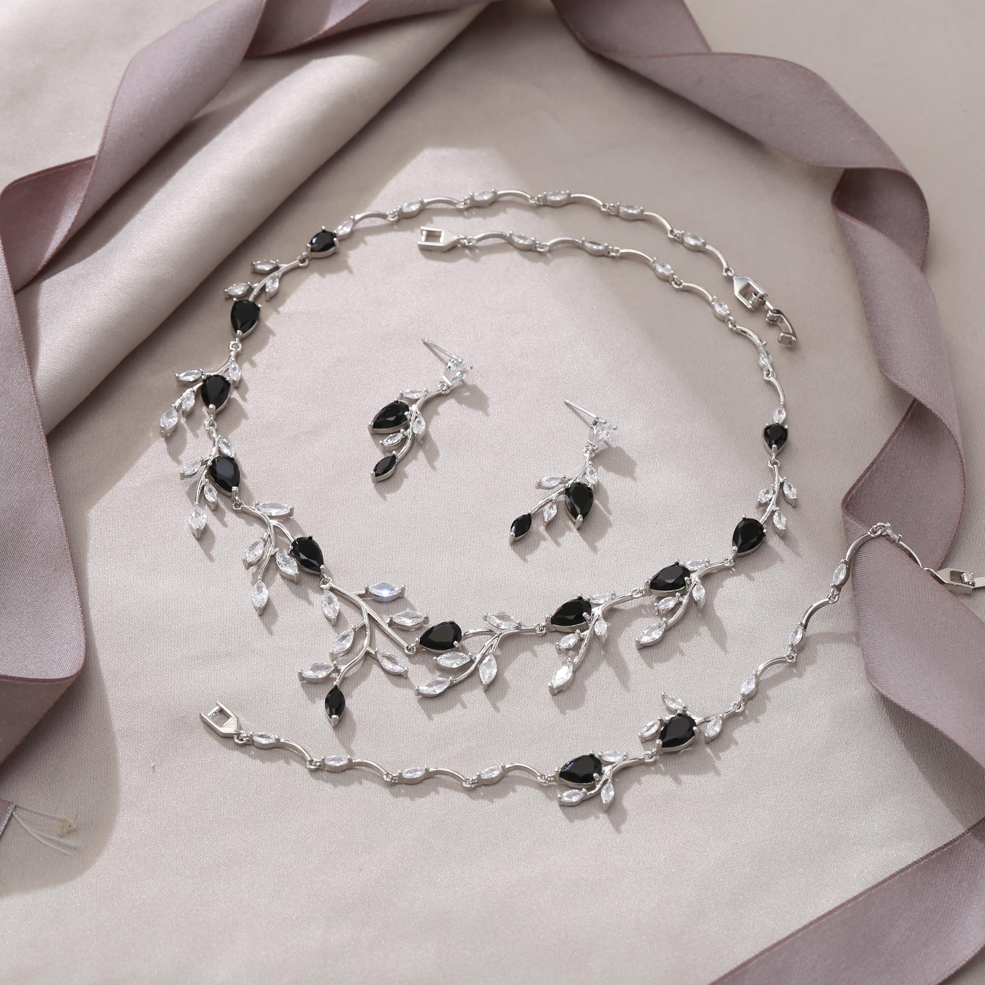 EVER FAITH Joyas de boda para novia, dama de honor, circonita, piedra natal, hoja, collar, pulsera, pendientes, juego para baile de graduación