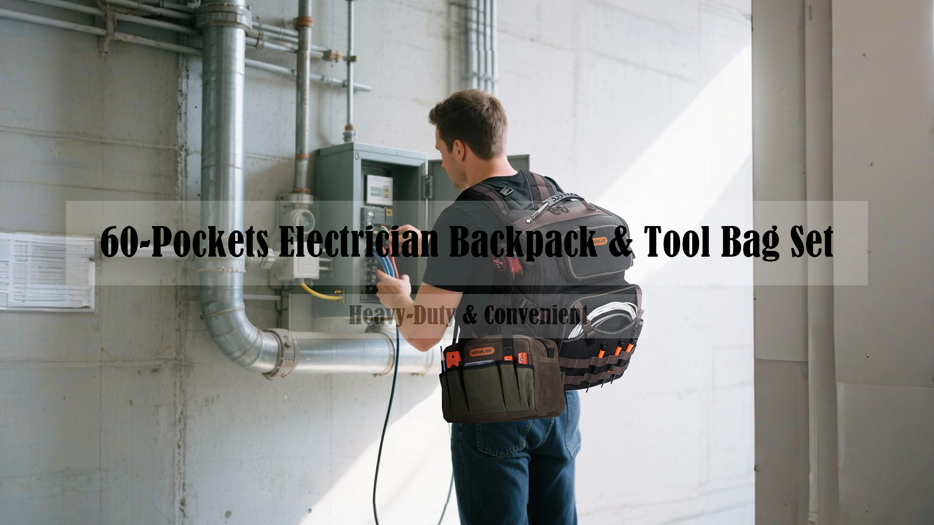 WELKINLAND 60-Pocket Electrician Backpack & Tool Bag Set, Heavy