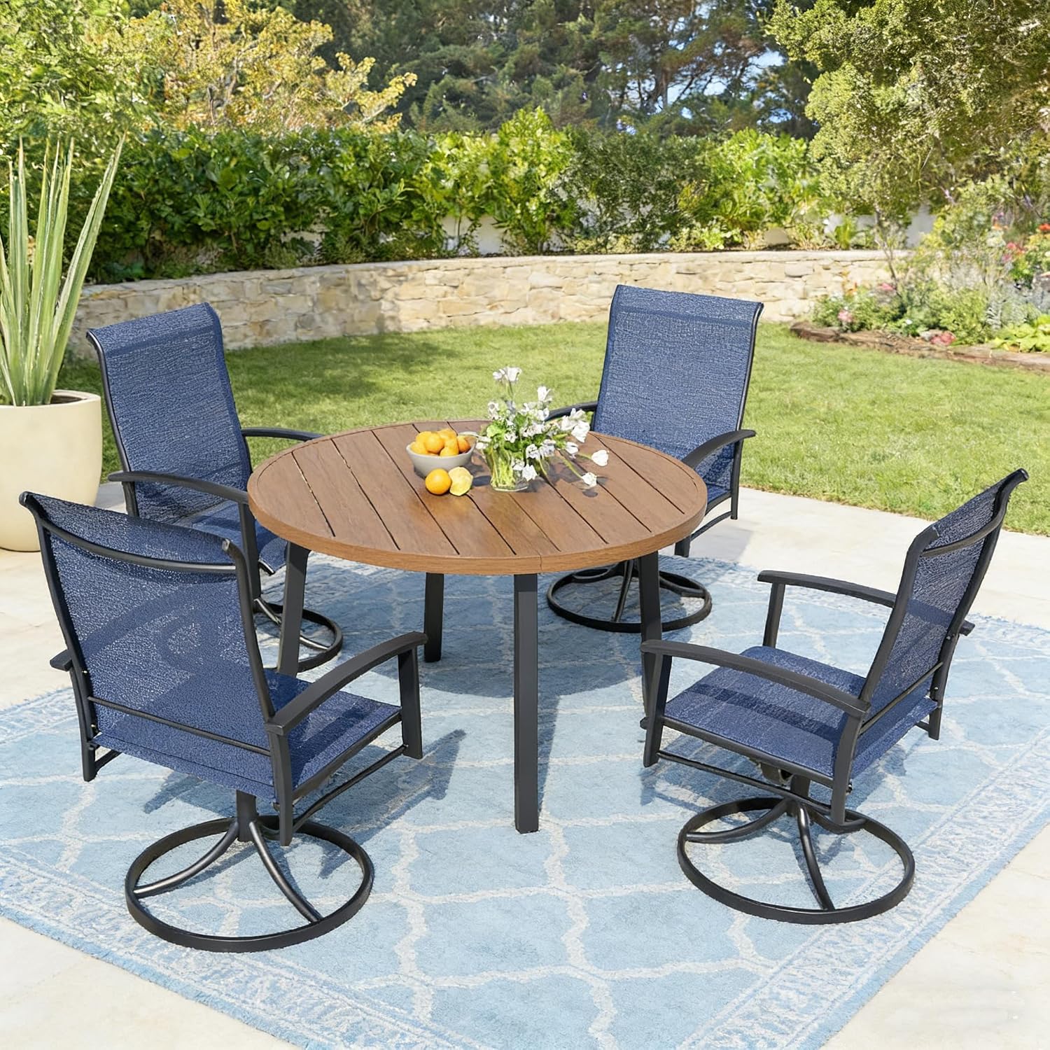 5 Piece Outdoor Dining Set, 42" Walnut Round Outdoor Dining Table with 4 Blue Swivel Patio Table and Chair Set of 4 for Lawn, Garden, or Porch