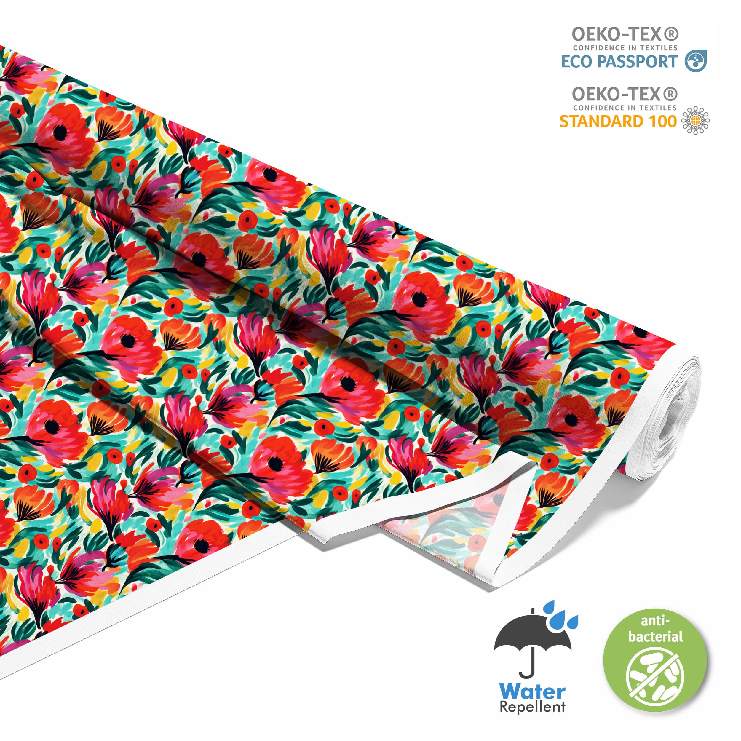 HEKO PANELS Tkanina Oxford wodoodporna drukowana, Kwiaty, 5m 155x500cm | Dekoracyjny materiał płócienny do szycia, poliestrowy, matowy i nieprzezroczysty, wodoszczelny, na torby, pokrowce i DIY